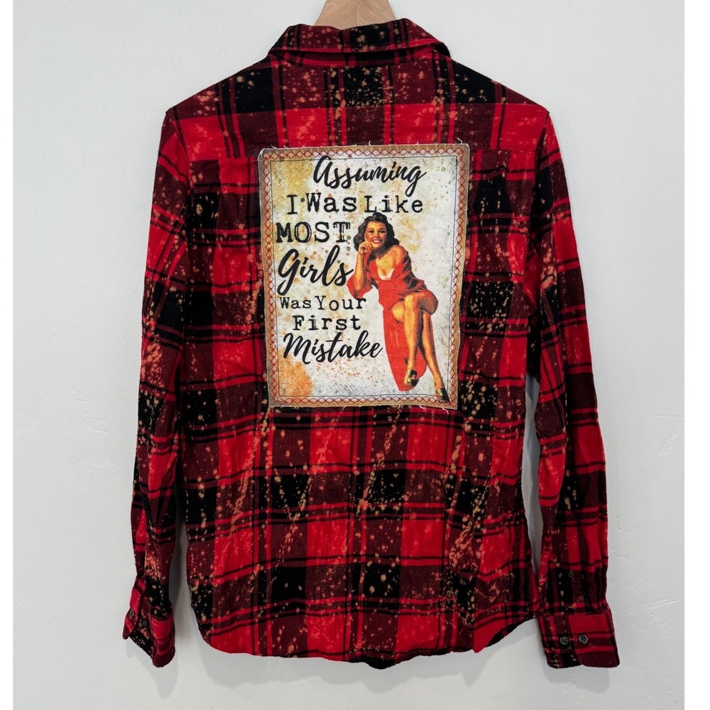 Angry Minnow Flannel Red Plaid Like Most Girls Pinup Graphic Oversized M Grunge